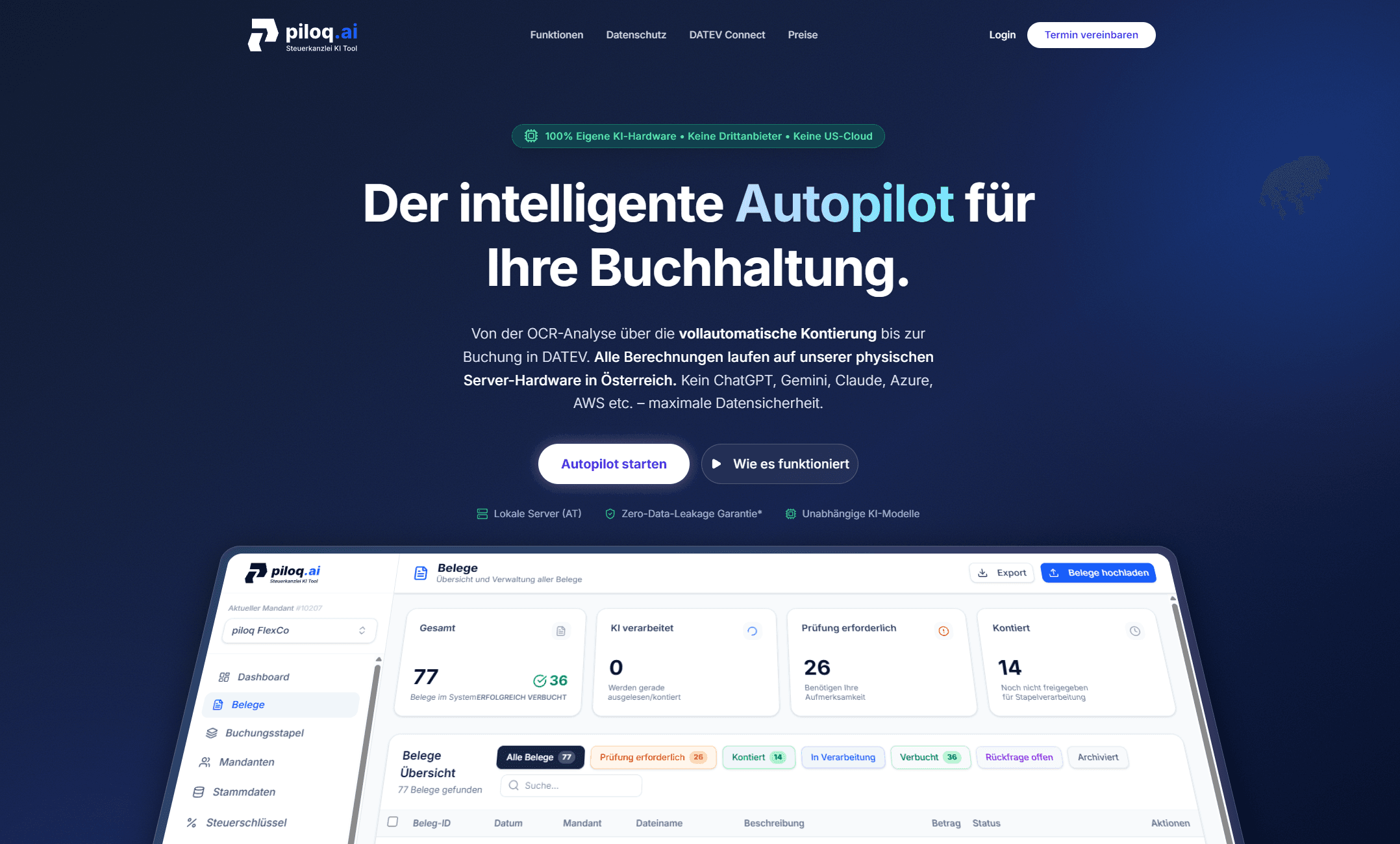 Screenshot des piloq.ai Dashboards für Steuerberater